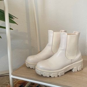 Cream Faux Leather Lug Chelsea Boot